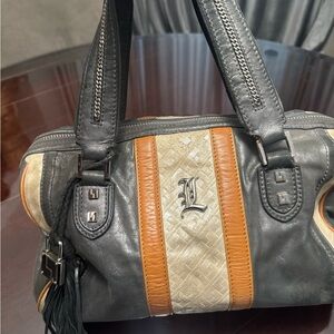 L.A.M.B. Gray and Tan Satchel with Orange Accents
